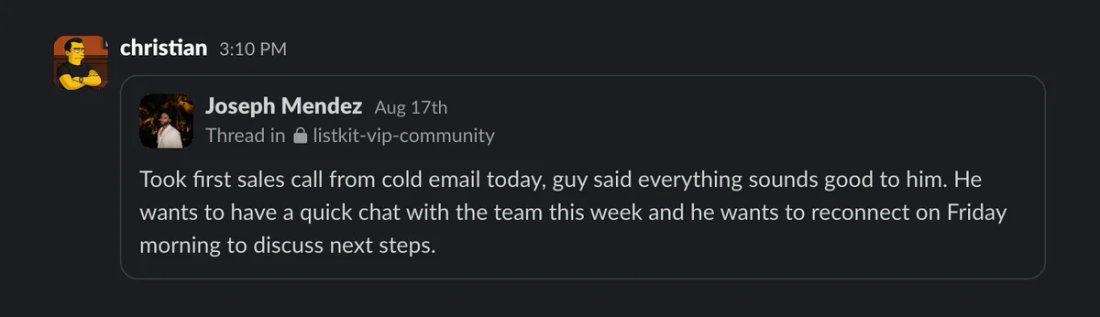 Slack screenshot from Joseph Mendez: 1st sales call
