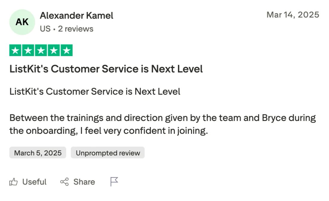 Trustpilot screenshot from Alexander Kamel: ListKit's Customer Service is Next Level