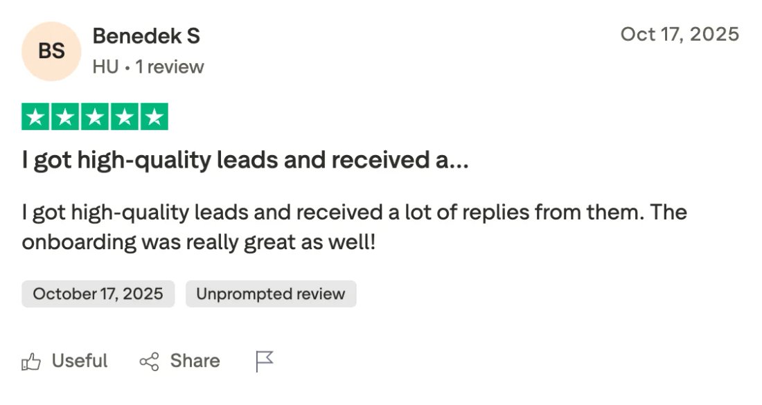 Trustpilot screenshot from Benedek S: I got high-quality leads and received a…