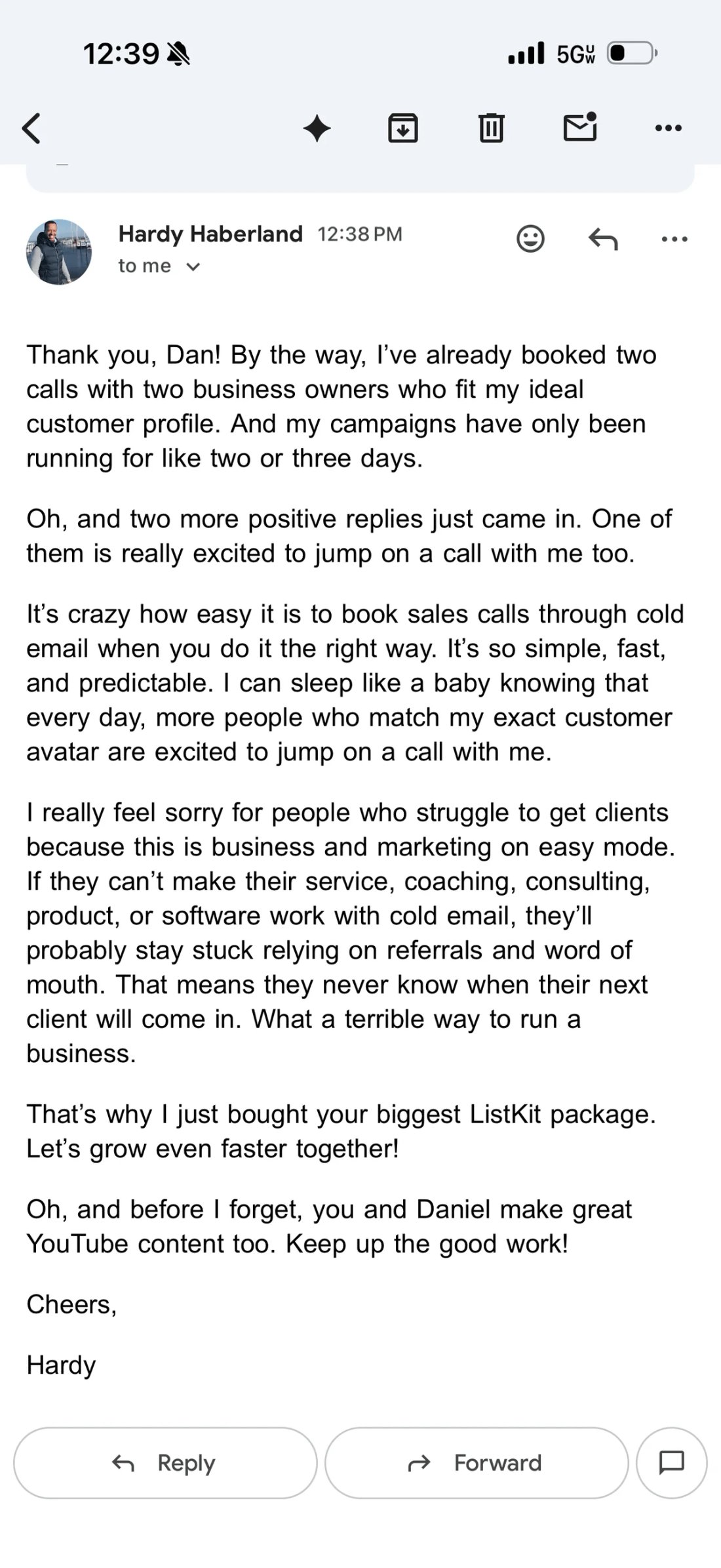 Slack screenshot from Hardy Haberland: 2 calls booked with ICP-fit business owners 2 to 3 days into his campaigns