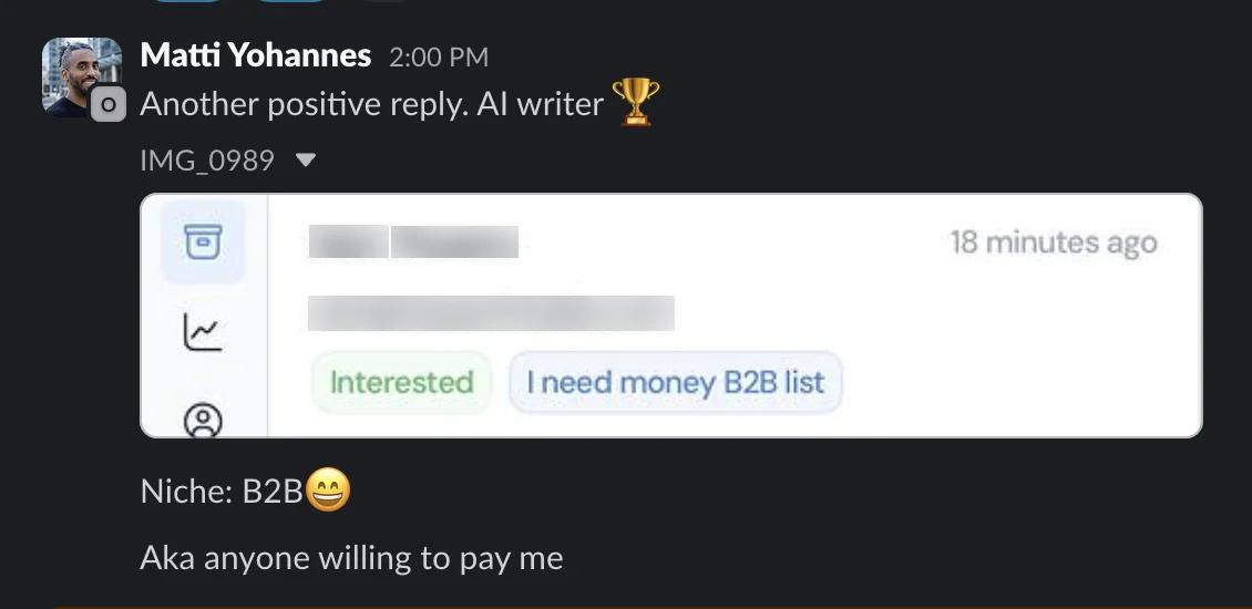Slack screenshot from Matti Yohannes: positive reply via AI writer