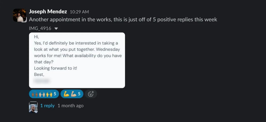 Slack screenshot from Joseph Mendez: appointment from 5 positive that week