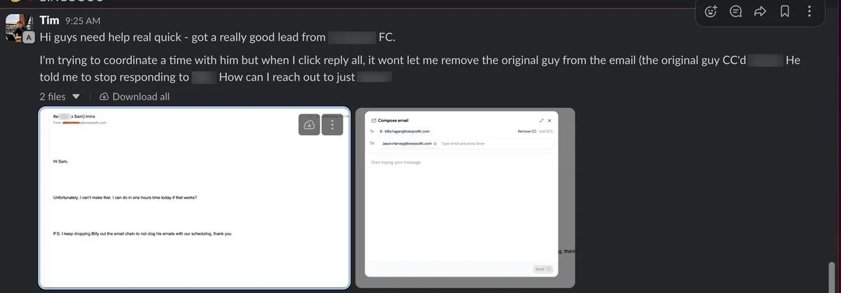 Slack screenshot from Tim: Liverpool FC lead, later a held call