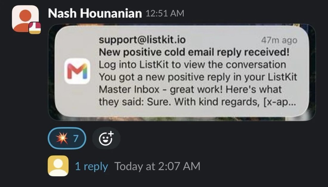 Slack screenshot from Nash Hounanian: positive reply