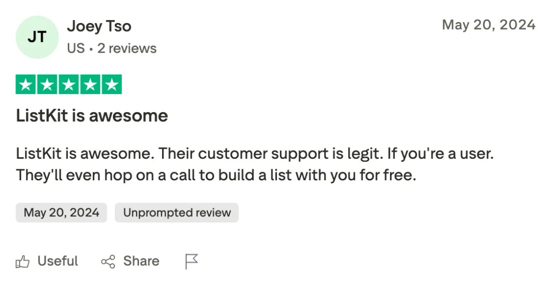 Trustpilot screenshot from Joey Tso: ListKit is awesome