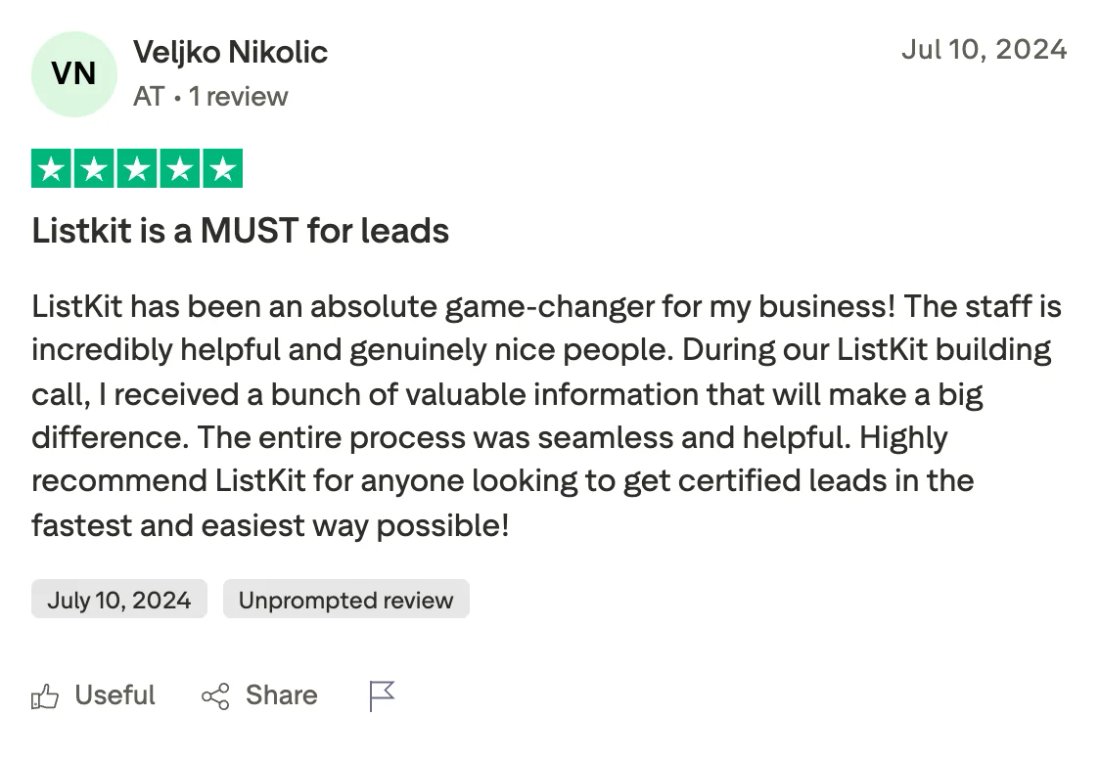 Trustpilot screenshot from Veljko Nikolic: Listkit is a MUST for leads