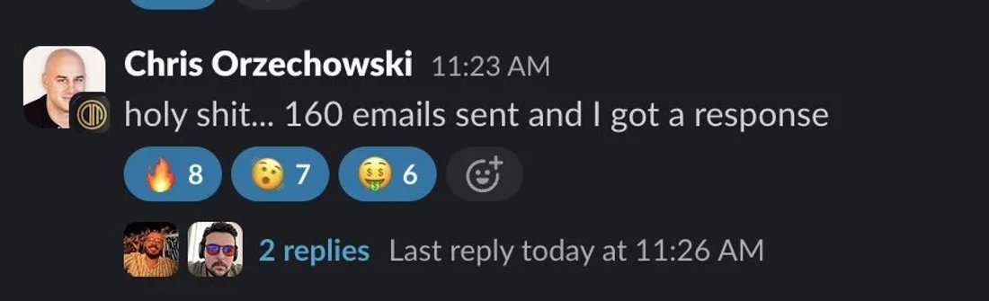 Slack screenshot from Chris Orzechowski: reply after 160 emails
