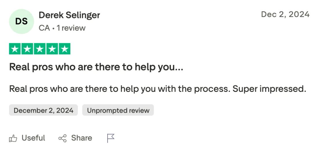 Trustpilot screenshot from Derek Selinger: Real pros who are there to help you…