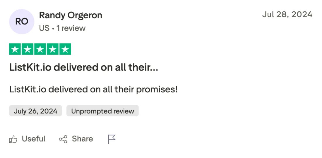 Trustpilot screenshot from Randy Orgeron: ListKit.io delivered on all their…
