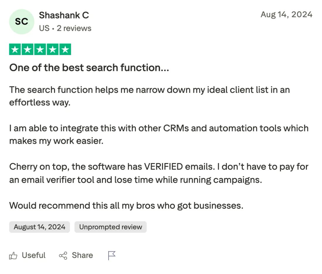 Trustpilot screenshot from Shashank C: One of the best search function…