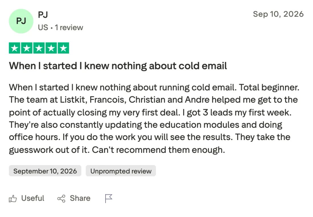 Trustpilot screenshot from PJ: When I started I knew nothing about cold email