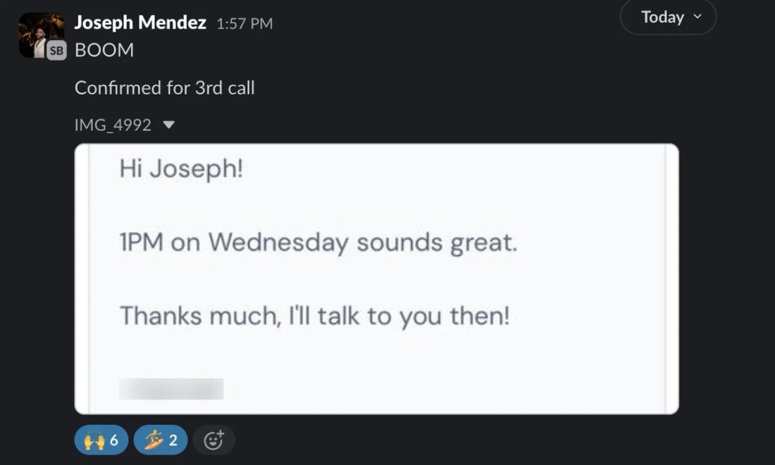 Slack screenshot from Joseph Mendez: 3rd call confirmed
