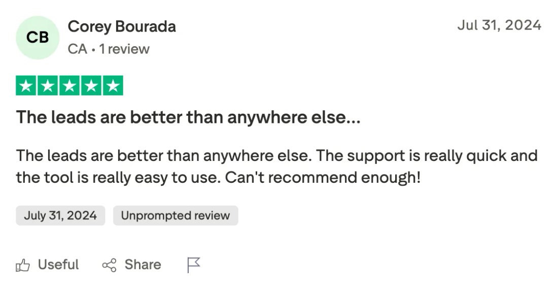 Trustpilot screenshot from Corey Bourada: The leads are better than anywhere else…