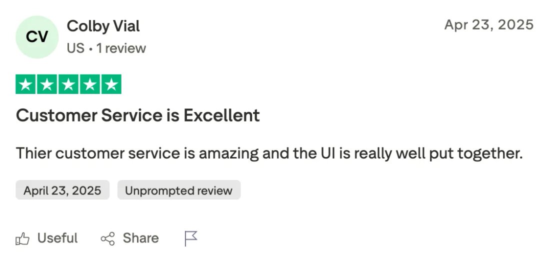 Trustpilot screenshot from Colby Vial: Customer Service is Excellent