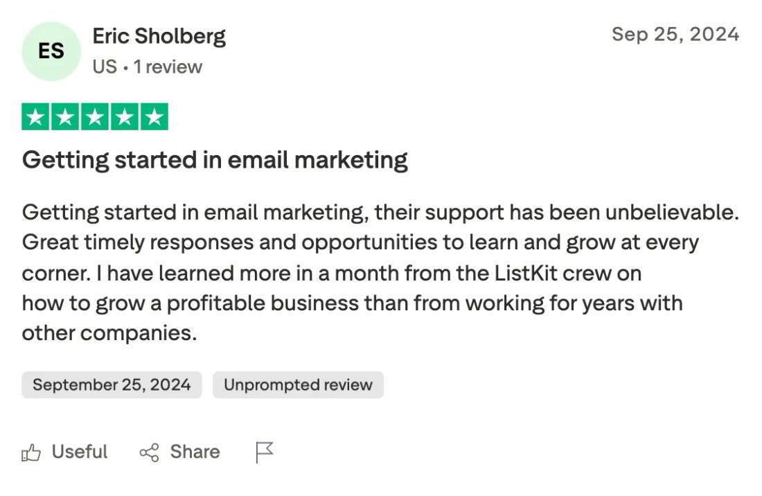 Trustpilot screenshot from Eric Sholberg: Getting started in email marketing
