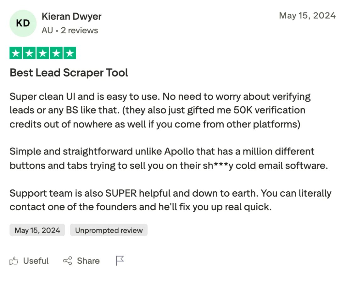Trustpilot screenshot from Kieran Dwyer: Best Lead Scraper Tool