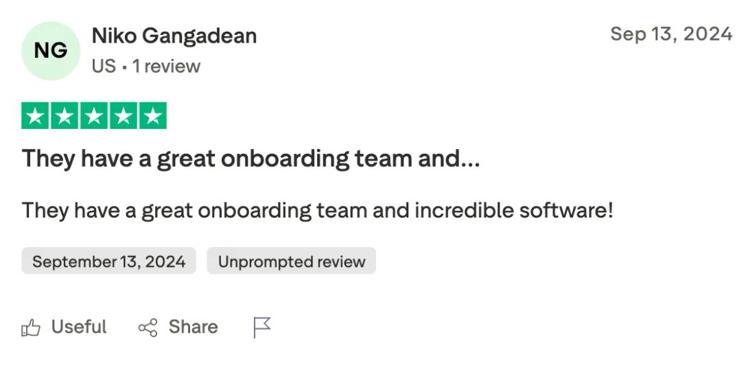 Trustpilot screenshot from Niko Gangadean: They have a great onboarding team and…