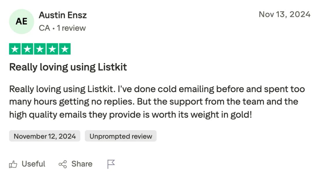 Trustpilot screenshot from Austin Ensz: Really loving using Listkit