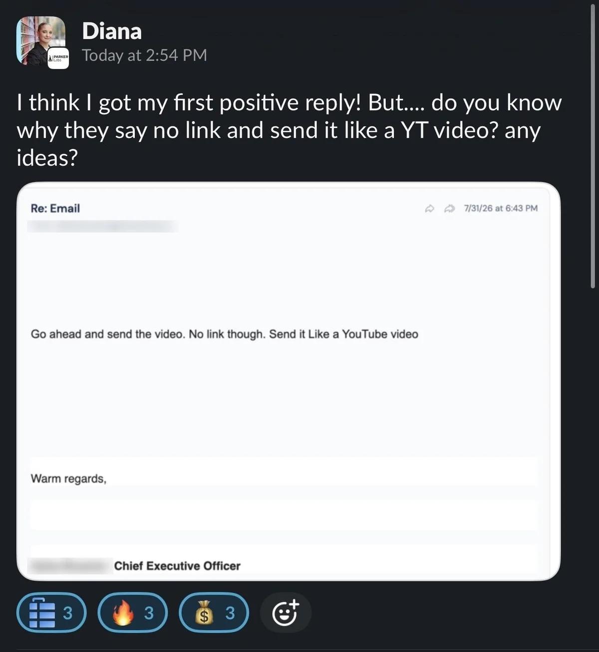 Slack screenshot from Diana: 2 positive on launch day (1 CEO)