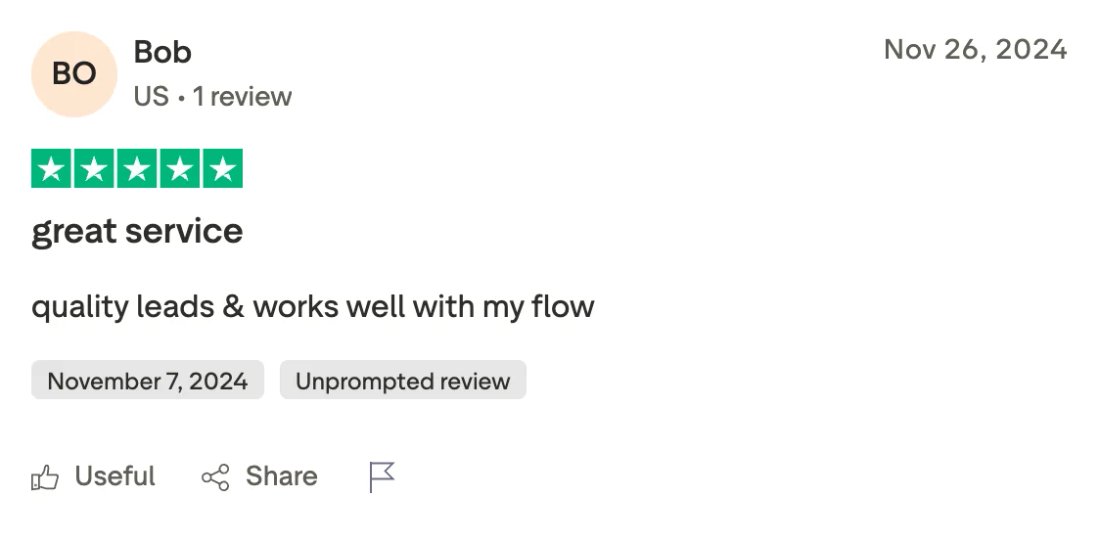 Trustpilot screenshot from Bob: great service