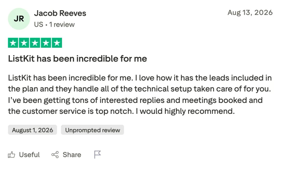 Trustpilot screenshot from Jacob Reeves: ListKit has been incredible for me