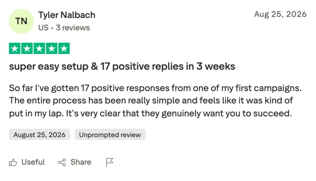 Trustpilot screenshot from Tyler Nalbach: super easy setup & 17 positive replies in 3 weeks