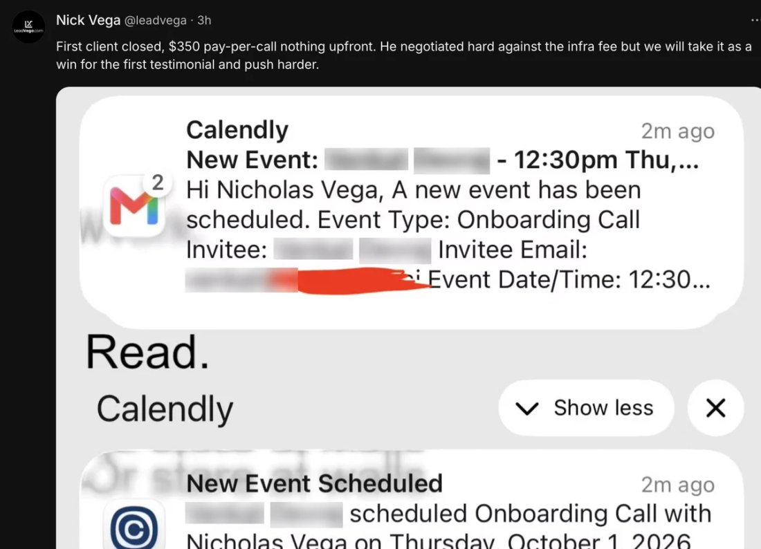 Whop screenshot from Nick Vega: First client closed at $350 pay-per-call, nothing upfront