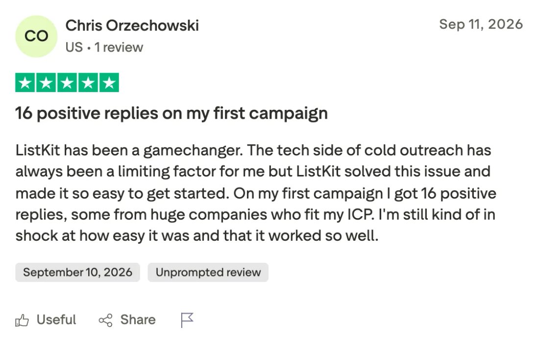 Trustpilot screenshot from Chris Orzechowski: 16 positive replies on my first campaign