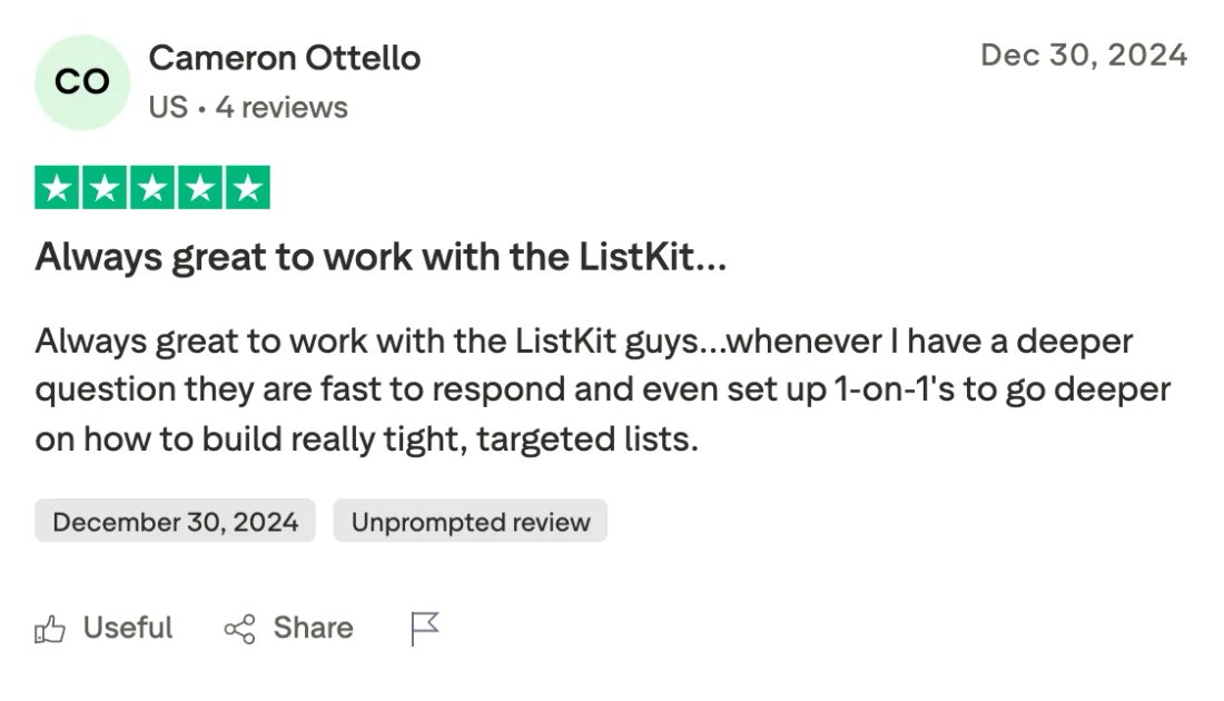 Trustpilot screenshot from Cameron Ottello: Always great to work with the ListKit…