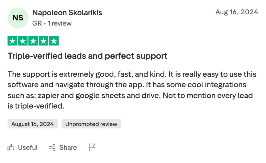 Trustpilot screenshot from Napoleon Skolarikis: Triple-verified leads and perfect support