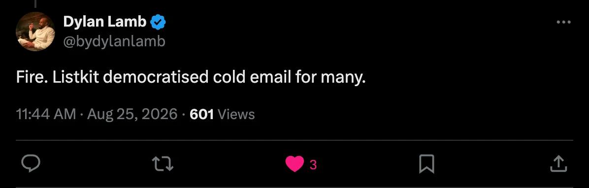 X screenshot from bydylanlamb: Listkit democratised cold email for many.