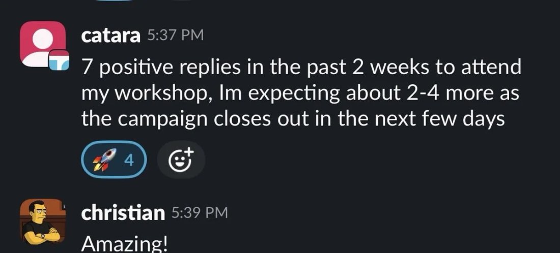Slack screenshot from Catara Lane: 7 positive in 2 weeks