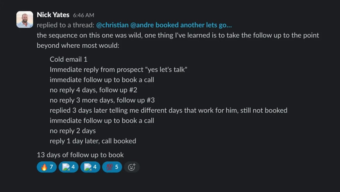 Slack screenshot from Nick Yates: booked after 13 days of follow-up