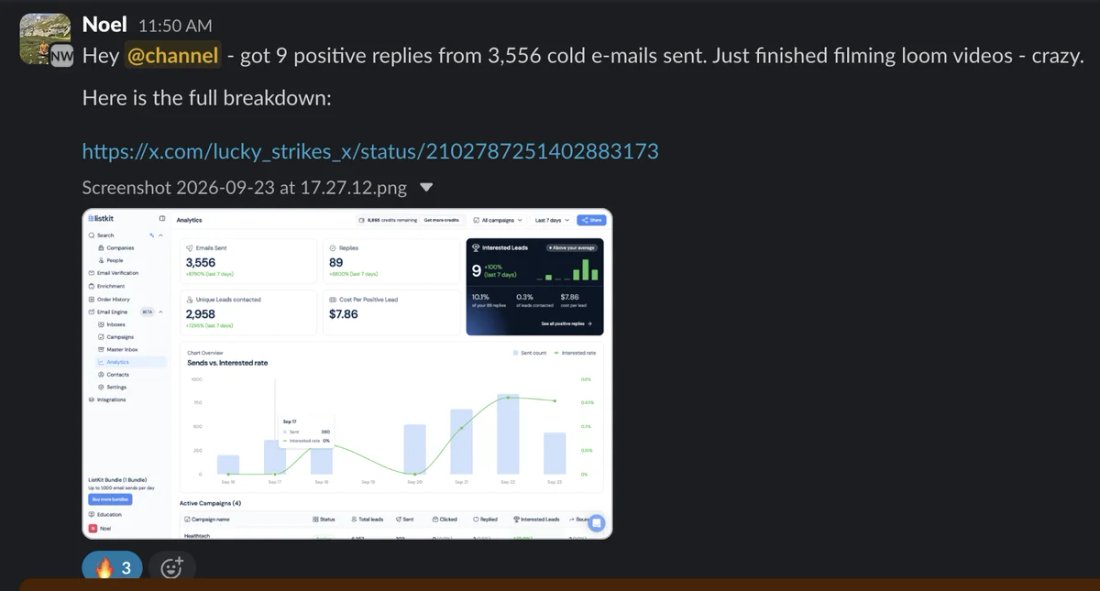 Slack screenshot from Noel (@lucky_strikes_x): 9 positive / 3,556 sent, $7.86 per positive lead