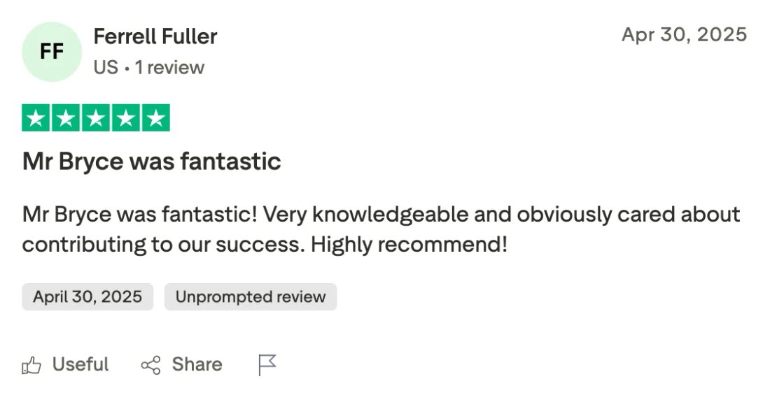 Trustpilot screenshot from Ferrell Fuller: Mr Bryce was fantastic