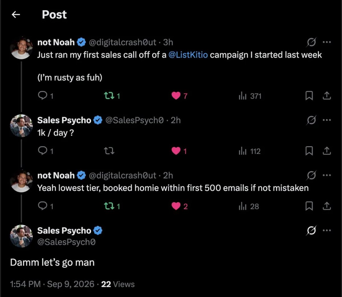 Slack screenshot from digitalcrash0ut: 1st sales call within ~500 emails