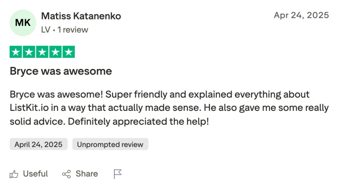 Trustpilot screenshot from Matiss Katanenko: Bryce was awesome
