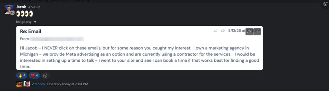 Slack screenshot from Jacob Reeves: agency owner wants a call