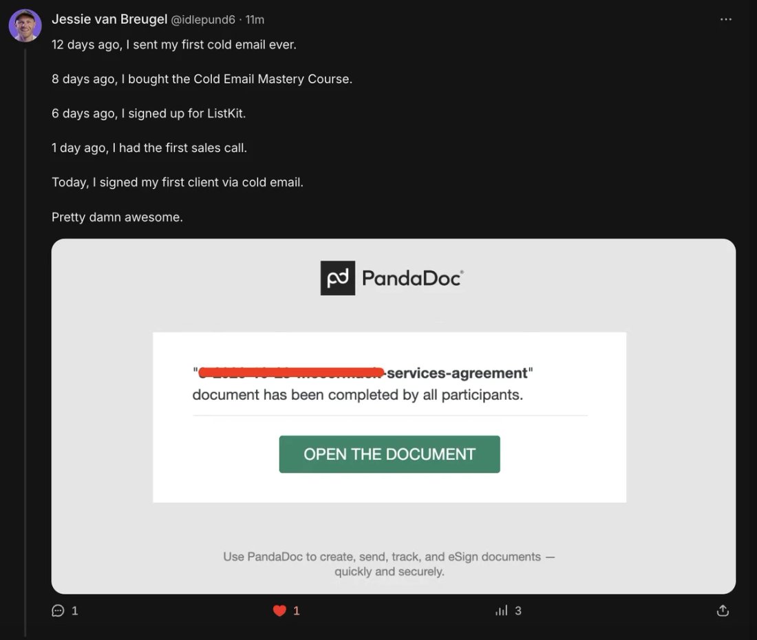 Whop screenshot from Jessie van Breugel: Signed his first client via cold email 6 days after signing up for ListKit