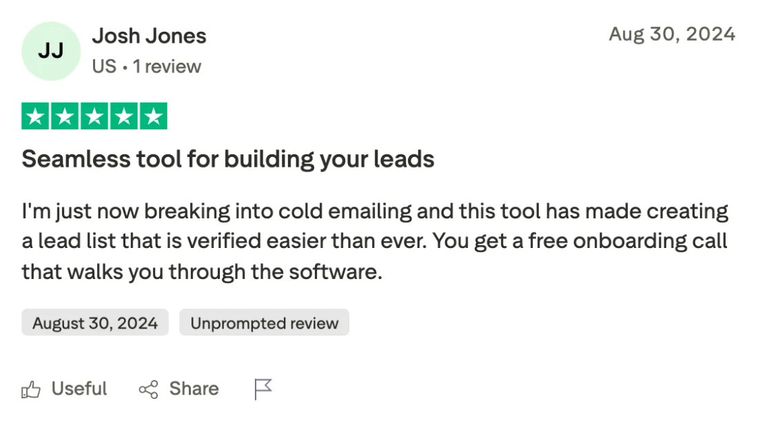 Trustpilot screenshot from Josh Jones: Seamless tool for building your leads