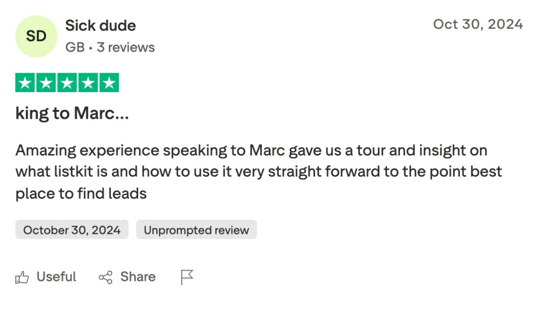 Trustpilot screenshot from Sick dude: king to Marc…