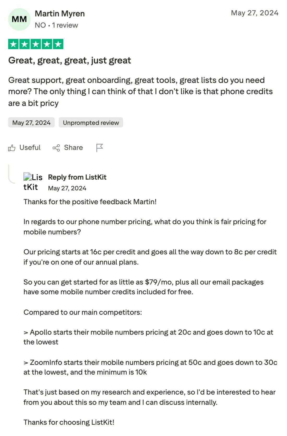 Trustpilot screenshot from Martin Myren: Great, great, great, just great