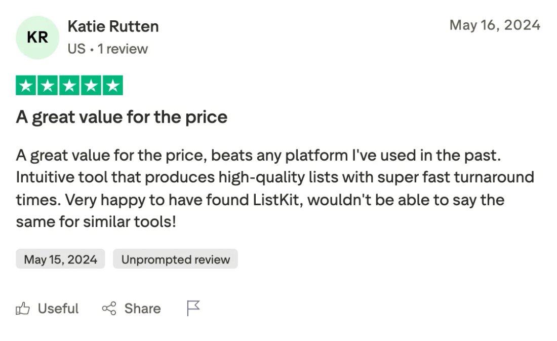 Trustpilot screenshot from Katie Rutten: A great value for the price
