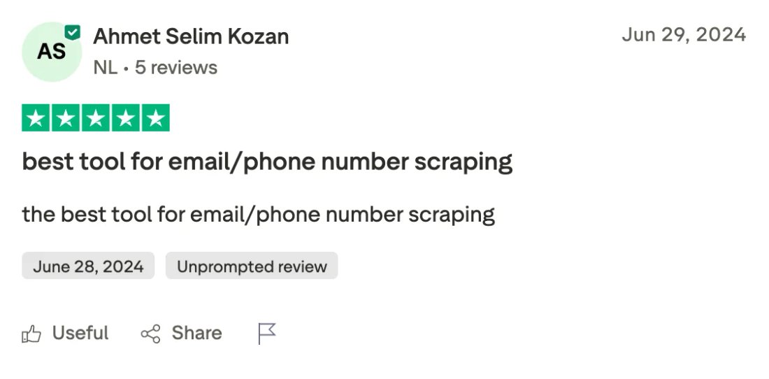 Trustpilot screenshot from Ahmet Selim Kozan: best tool for email/phone number scraping