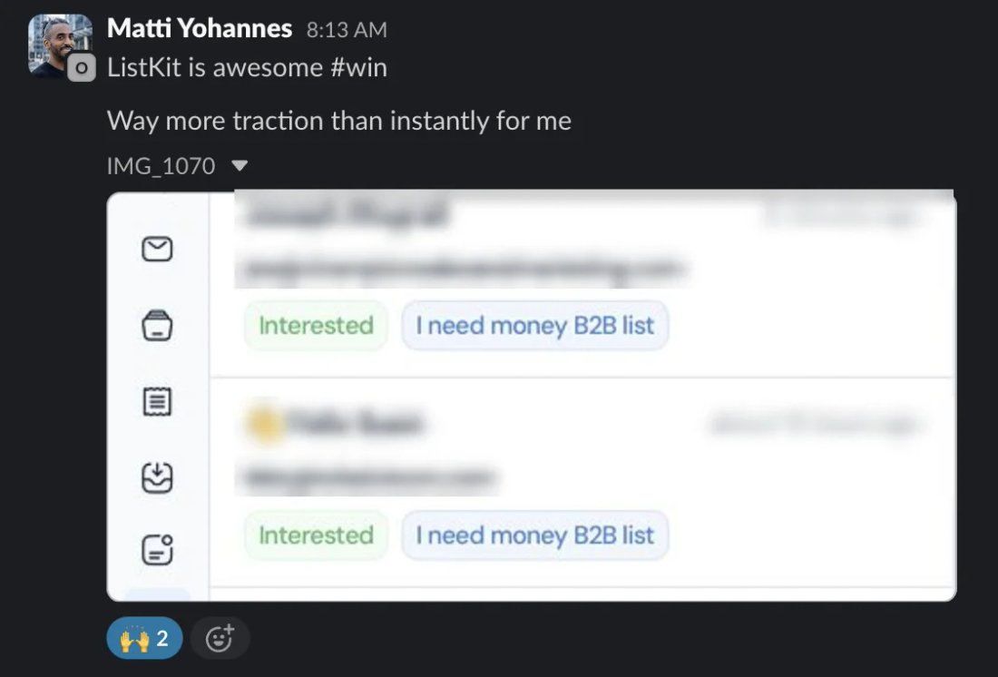 Slack screenshot from Matti Yohannes: 2 interested, more traction than Instantly