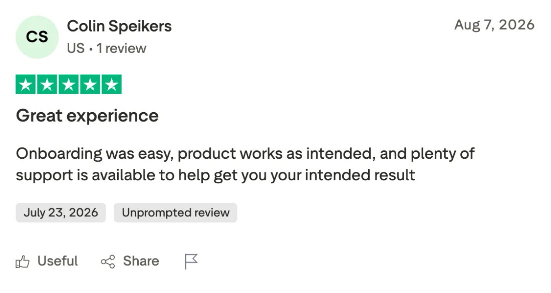 Trustpilot screenshot from Colin Speikers: Great experience