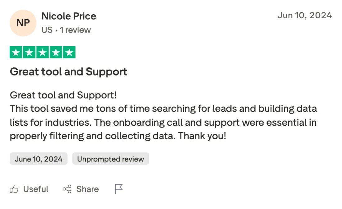 Trustpilot screenshot from Nicole Price: Great tool and Support