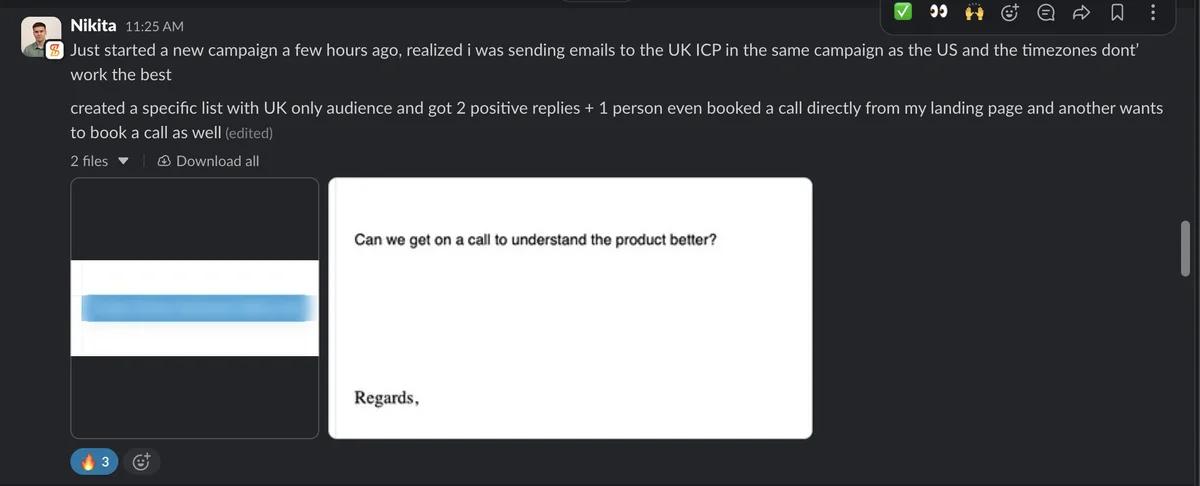 Slack screenshot from Nikita: 2 positive + 1 landing-page booking (UK list)