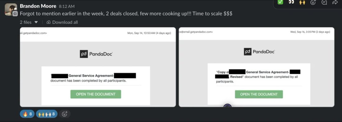 Slack screenshot from Brandon Moore: 2 deals closed