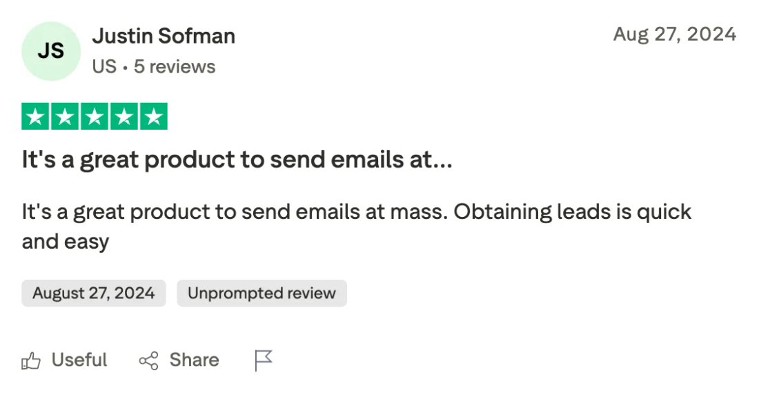 Trustpilot screenshot from Justin Sofman: It's a great product to send emails at…
